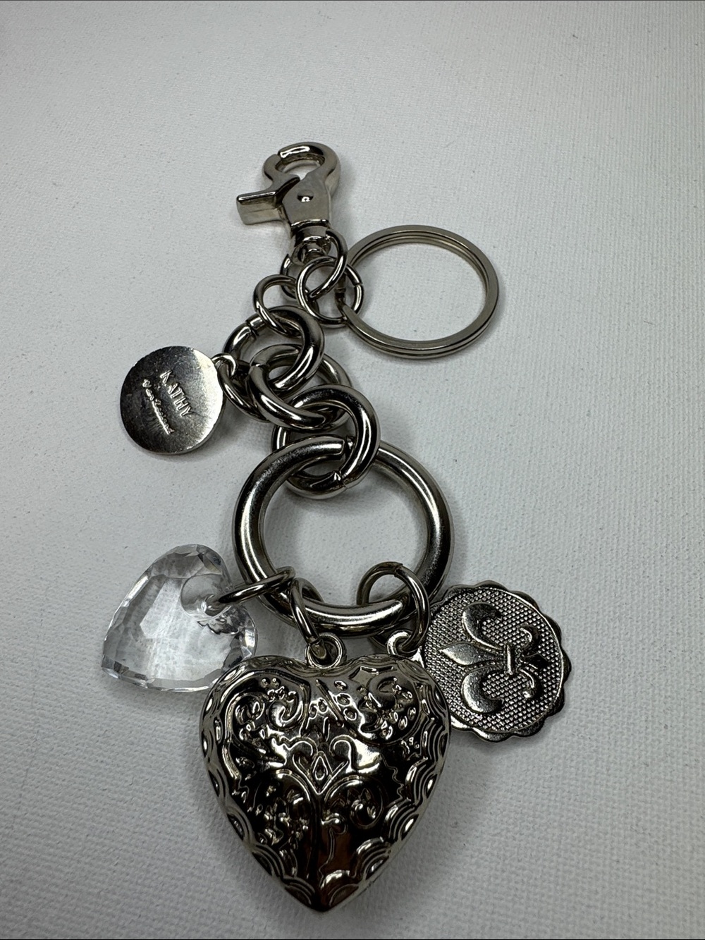 Vintage Kathy Van Zeeland Silver Tone Heart Bag Charm Keychain Y2K